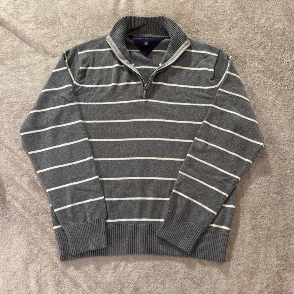 Y2K Tommy Hilfiger Gray and White Striped Quarter Zip-Up Sweater NO FLAWS